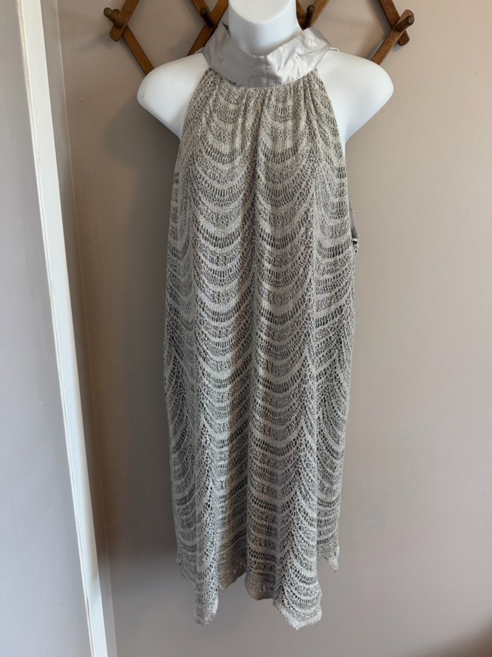 Ashley Stewart Silver Metallic Lurex Crochet Halter Bow Shift Dress 2X